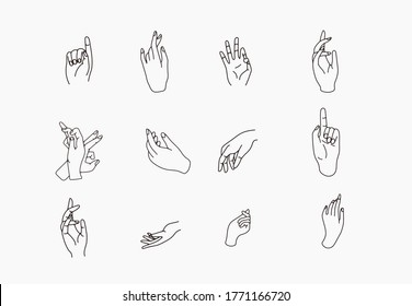 hand drawn hand icons in simple minimalistic line art style. logo elements illustrations for graphic design, logos and branding, social media icons. hand poses, pointing, holding, reaching, grasping.