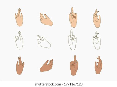 hand drawn hand icons in simple minimalistic line art style. logo elements illustrations for graphic design, logos and branding, social media icons. hand poses, pointing, holding, reaching, grasping.