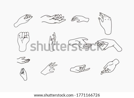 hand drawn hand icons in simple minimalistic line art style. logo elements illustrations for graphic design, logos and branding, social media icons. hand poses, pointing, holding, reaching, grasping.