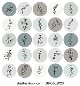 Hand Drawn Icons. Story Covers. Their prints of tender flowers will be perfect for beauty, fashion or personal blog