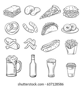 Hand drawn icons for Street Cafe. Beer snack and fast food outline drawing set vector illustration.