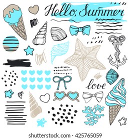 Hand drawn icons summer beach set on a white background.