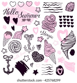 Hand drawn icons summer beach set on a white background.