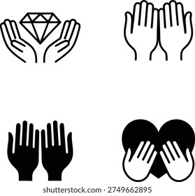 Hand drawn icons symbolizing protection and care for valuable objects and people in simple black and white designs.