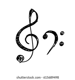Hand drawn icons of treble clef and bass. Sketch, vector illustration.