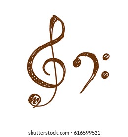 Hand drawn icons of treble clef and bass. Sketch, vector illustration.