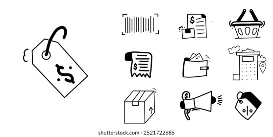 hand drawn icons of wallets, cardboard, tall buildings, shopping baskets, price papers, discount vouchers, megaphones, barcodes, price tags, shopping receipts