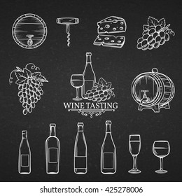 Hand drawn icons of wine in chalk board style.   Decorative wine  icons wine in old style for the design of wine labels cards brochures. Wine vector illustration.