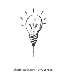 Hand Drawn Idea Light Bulb Icon Black. On White Background. Vector 