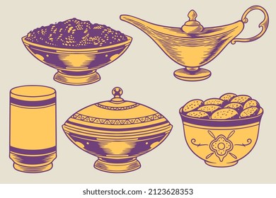 dibujado a mano de elementos de la fiesta iftar ramadan kareem como adornos islámicos con platos árabes tradicionales con un color naranja dorado aislado en un fondo violeta claro.