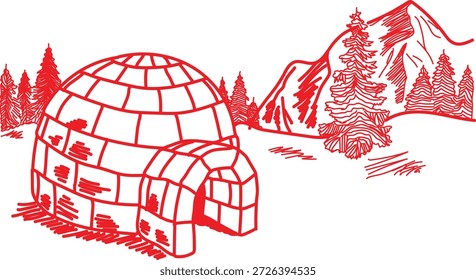 Ilustración de iglú dibujado a mano con árboles de montaña y pinos en arte de línea roja
