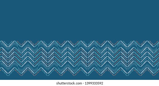 Hand drawn ikat chevron border pattern. Seamless vector textile background. Woven ethnic marks. Ribbon trim herringbone stripe. Boho textile edging, indian summer style illustration. Turquoise blue