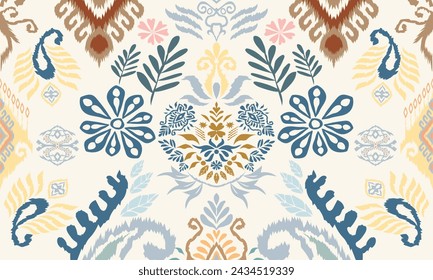 Hand drawn Ikat floral paisley embroidery on white background.geometric ethnic oriental seamless pattern traditional.Aztec style abstract vector illustration.