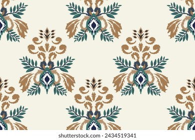 Hand drawn Ikat floral paisley embroidery on white background.Ikat ethnic oriental seamless pattern traditional.Aztec style abstract vector illustration.