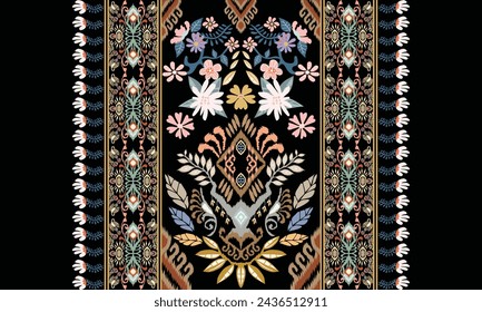 Hand drawn Ikat floral paisley embroidery on black background.geometric ethnic oriental pattern traditional.Aztec style abstract vector illustration.