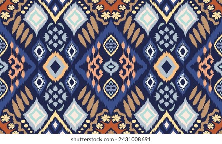 Hand drawn Ikat geometric folklore ornament with diamonds. Tribal ethnic vector texture. Seamless striped pattern in Aztec style. Folk embroidery. Indian, Scandinavian, Gypsy, Mexican, African rug.