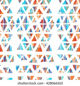 Hand drawn ikat geometric with triangles and stripes pattern in vector
