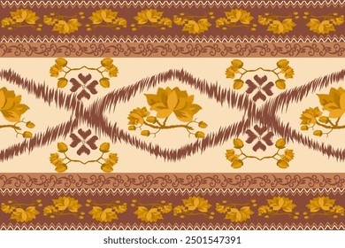 Hand drawn ikat pattern, brown blackgrond, seamless floral motif, embroidery, floral print, pattern, design for wrapping, silk, scarf, background, textile.