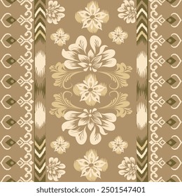Hand drawn ikat pattern, brown blackgrond, seamless floral motif, embroidery, floral print, pattern, design for wrapping, silk, scarf, background, textile.