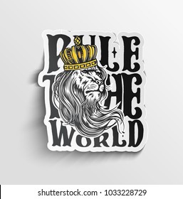 Hand drawn illusion of lion with crown, king, sticker, vector illustration