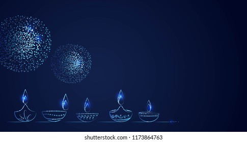 Hand Drawn Illusration of Diwali lamps with Lights on Dark Blue Background. Vector Illustration