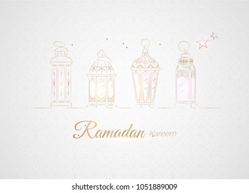 Hand Drawn Illusration of Golden Ramadan Lanterns with Lights on White Background. Vector Illustration