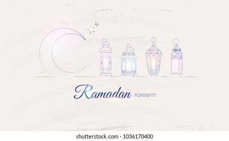 Hand Drawn Illusration of Ramadan Lanterns with Lights on Shabby Background. Vector Illustration