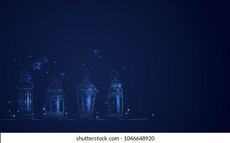 Hand Drawn Illusration of Ramadan Lanterns with Lights on Dark Blue Background. Vector Illustration