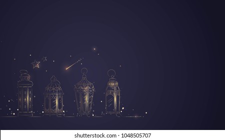 Hand Drawn Illusration of Ramadan Lanterns with Golden Lights on Dark Blue Background. Vector Illustration