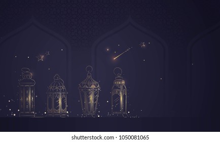 Hand Drawn Illusration of Ramadan Lanterns with Golden Lights on Dark Blue Background. Vector Illustration