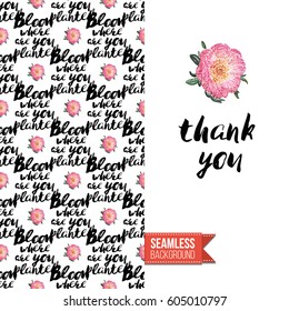 Hand drawn illustrated embroidery floral greeting card. Seamless pattern background with stitched peony or rose flowers on one side. On another inscription: thank you. Vector template.