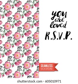 Hand drawn illustrated embroidery floral greeting card. Seamless pattern background with stitched peony or rose flowers on one side. On another inscription: r.s.v.p.. Vector template.
