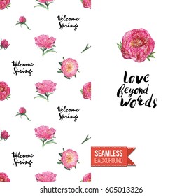 Hand drawn illustrated embroidery floral greeting card. Seamless pattern background with stitched peony or rose flowers on one side. On another inscription: love beyond words. Vector template.