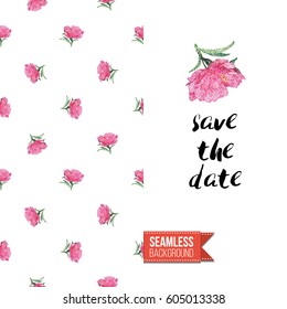 Hand drawn illustrated embroidery floral greeting card. Seamless pattern background with stitched peony or rose flowers on one side. On another inscription: save the date. Vector template.