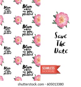 Hand drawn illustrated embroidery floral greeting card. Seamless pattern background with stitched peony or rose flowers on one side. On another inscription: save the date. Vector template.