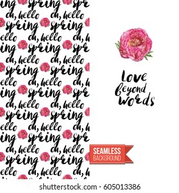 Hand drawn illustrated embroidery floral greeting card. Seamless pattern background with stitched peony or rose flowers on one side. On another inscription: love beyond words. Vector template.