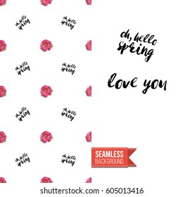 Hand drawn illustrated embroidery floral greeting card. Seamless pattern background with stitched peony or rose flowers on one side. On another inscription: love you. Vector template.
