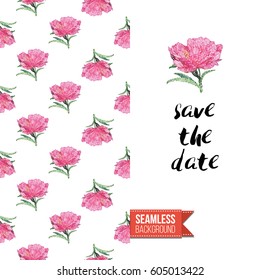 Hand drawn illustrated embroidery floral greeting card. Seamless pattern background with stitched peony or rose flowers on one side. On another inscription: save the date. Vector template.