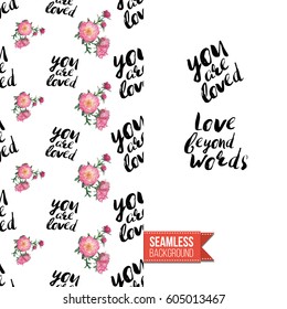 Hand drawn illustrated embroidery floral greeting card. Seamless pattern background with stitched peony or rose flowers on one side. On another inscription: love beyond words. Vector template.