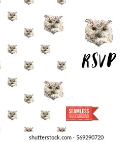 Hand drawn illustrated greeting card. Seamless pattern background with wild owl birds on one side. On another inscription: rsvp. Vector template.