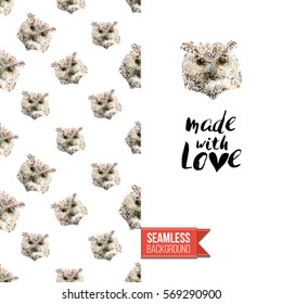 Hand drawn illustrated greeting card. Seamless pattern background with wild owl birds on one side. On another inscription: made with love. Vector template.