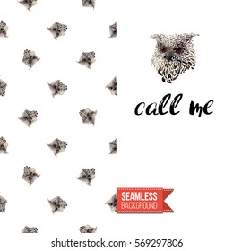 Hand drawn illustrated greeting card. Seamless pattern background with wild owl birds on one side. On another inscription: call me. Vector template.