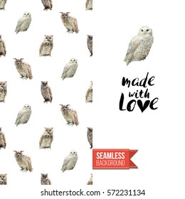 Hand drawn illustrated greeting card. Seamless pattern background with wild owl birds on one side. On another inscription: made with love. Vector template.