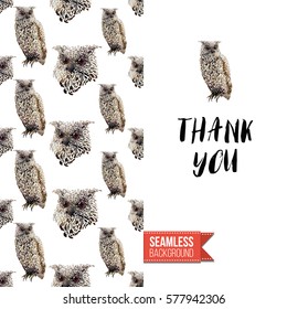 Hand drawn illustrated greeting card. Seamless pattern background with wild owl birds on one side. On another inscription: thank you. Vector template.