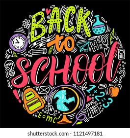 Hand drawn illustrated lettering quote - Back to school. Great typography for poster, card or restaurant. School. Sketch style. Concept of education.