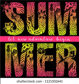 Hand drawn illustrated lettering quote - Summer. Let new adventure begin. Slogan t shirt graphic design, tee print, vectorGreat typography for poster, card.