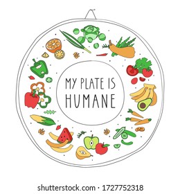 手書きのイラスト入りの引用 私のお皿は人間らしい 細かい野菜や果物を輪郭の皿に盛って食べます ポスター カード エコマーケット ショップ レストラン向けの優れた印刷 のベクター画像素材 ロイヤリティフリー Shutterstock