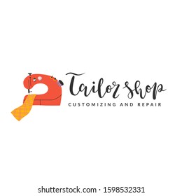 Hand drawn illustrated logotype with lettering and sewing machine clipart, isolated vector logo for workshop, atelier or tailor shop. Bounce calligraphy and modern simple drawing, good as brand symbol