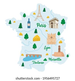 Hand drawn illustrated map of France with rivers and cities.
Some famous landmarks and national symbols Eifel tower, arc de triomphe. Vector illustration