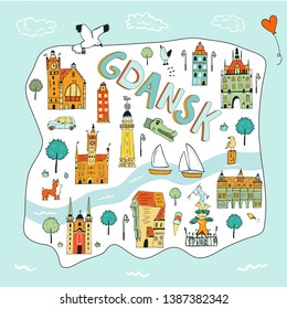 Hand drawn illustrated map of Gdansk with tourist attractions. Travel to Poland concept.